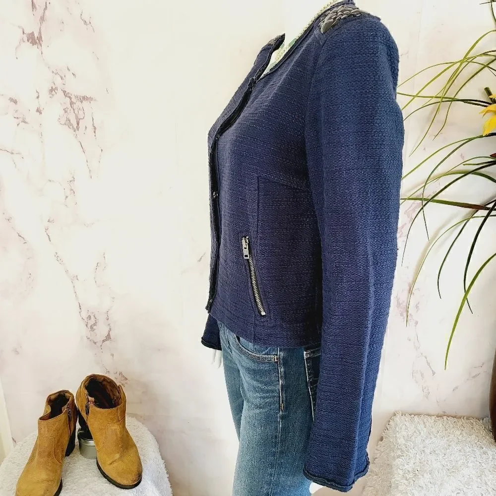 American Eagle Outfitters navy blue tweed embellished blazer